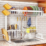 SNTD Over The Sink Dish Drying Rack, 2 Tier Dish Rack Drainer Adjustable (26.8&#34; to 34.6&#34;) for Kitchen Counter Organization and Storage with Utensil Sponge Holder Sink Caddy, Deep Brown