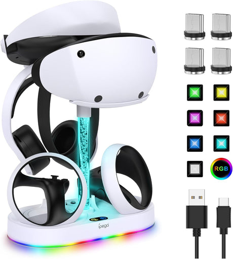 Charging Station for PSVR2 Controller, Fastsnail LED Stands for PlayStation VR2, Accessories for PS5 VR Headset & Sense Controller with 15 RGB Light, for PS VR2 Game Accessories Storage Base.