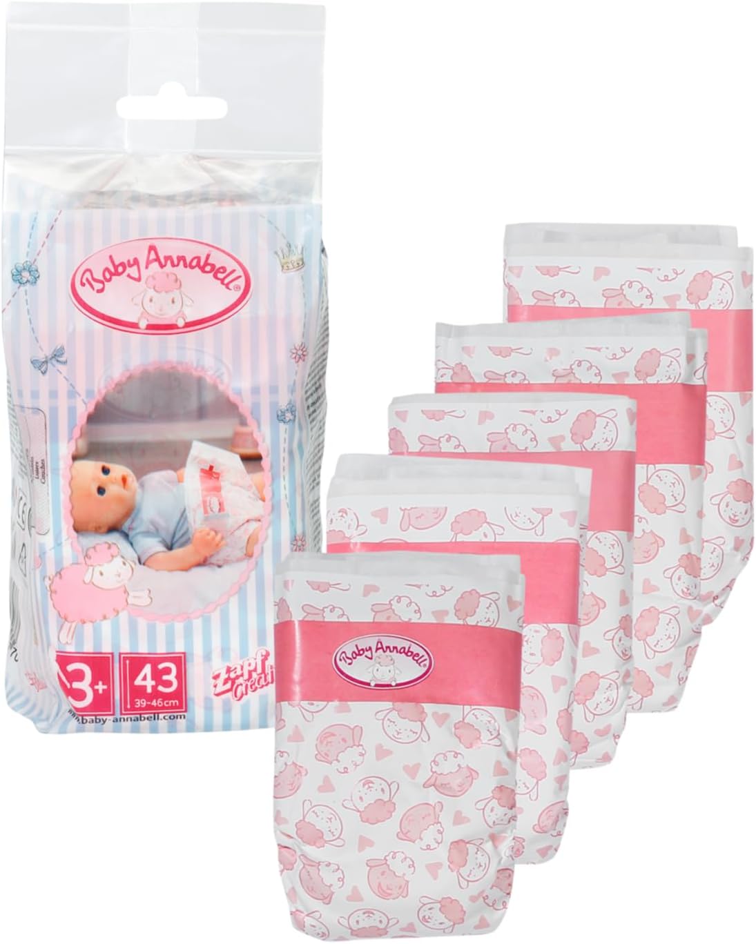 Baby Annabell Nappies for 43 cm Dolls - Easy for Small Hands, Creative Play Promotes Empathy and Social Skills, For Toddlers 3 Years and Up - 5 Pack.