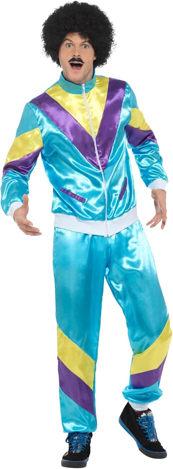 Smiffys 80s Height of Fashion Shell Suit Costume, Blue with Jacket & Trousers, 1980's Fancy Dress, 1980s Dress Up Costumes.