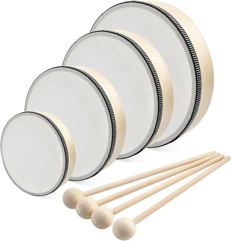 Akamino 4 Pack 4 Sizes Wooden Hand Drum Set,Wood Frame Drums with Drum Sticks,6/7/8/10 Inch Musical Instrument Percussion Drum for Rhythm Learning,Music Enlightenment.