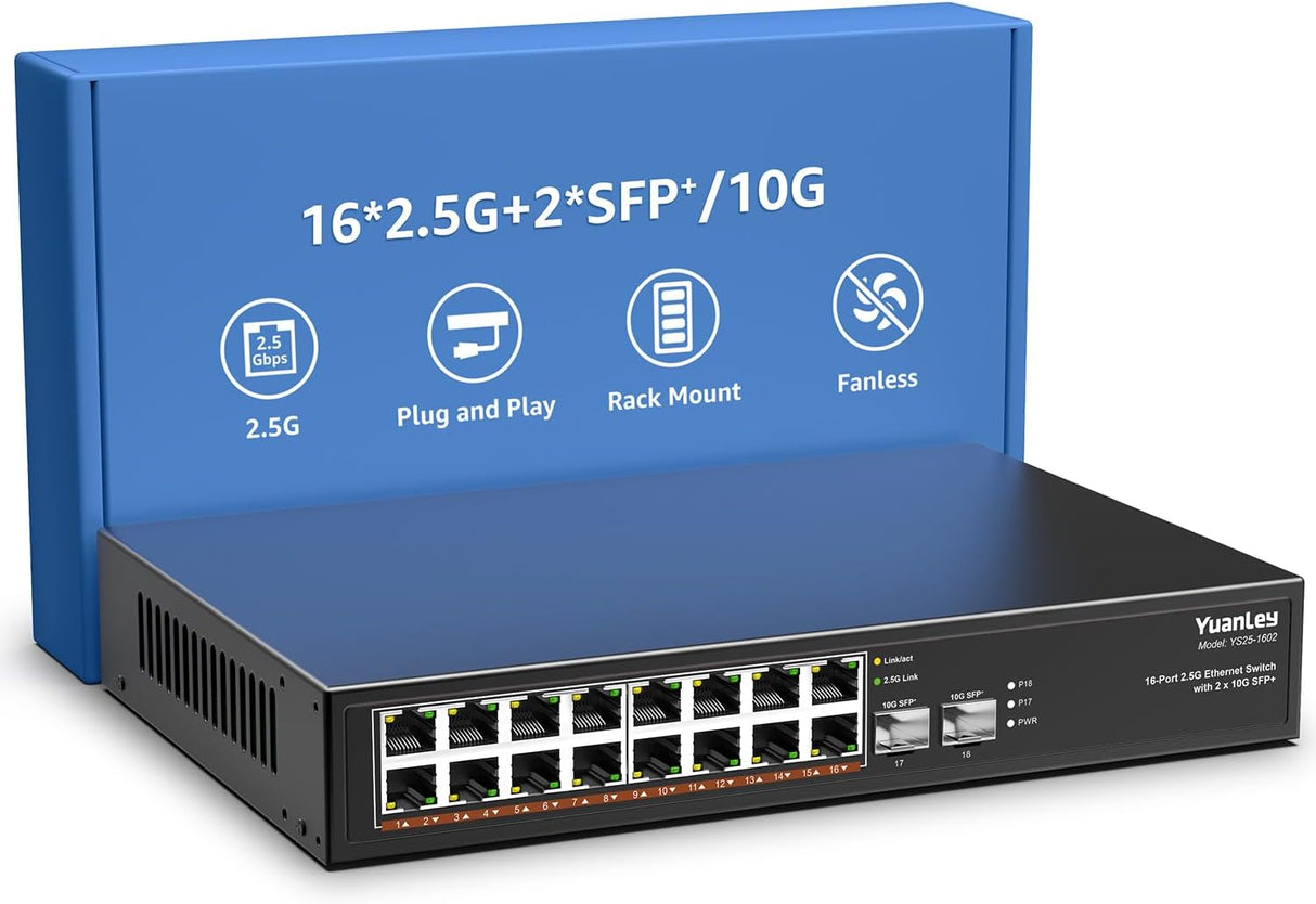 6 Port 2.5G Umanaged Ethernet Switch, 5 x 2.5G Base-T Ports, 1 x 10G SFP, Compatible with 100/1000/2500Mbps, Metal Fanless, Desktop/Wall Mount YuanLey 2.5Gbe Network Switch for Wireless AP, NAS, PC