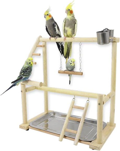 WishesMar Bird Playground Parrot Play Stand with Feeder Cup Swing Climb Ladder and Tray Budgie Playground Cage Exercise Gym Toys for Parakeets Cockatiel, Wooden, Size About 17.7x14.6x10.2 In #A.