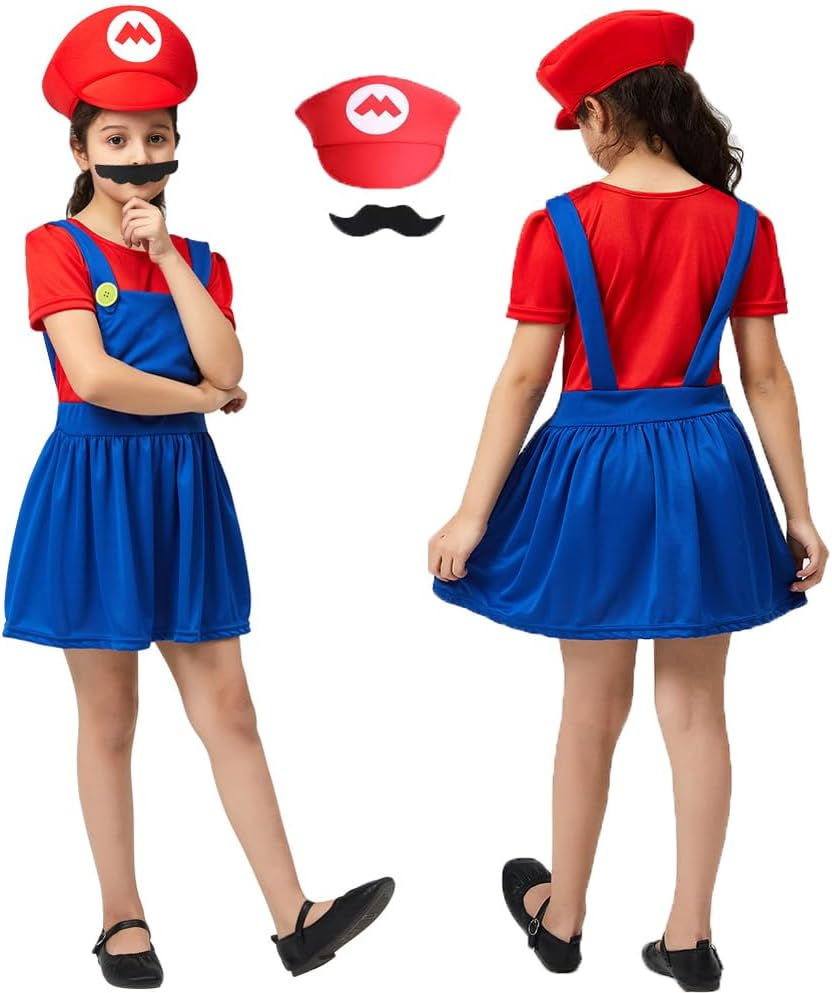 IDOTTA Halloween Plumber Costume Outfits for Kids Adult Unisex Cosplay Fancy Dress up with Bros Hats Cap Mustaches Halloween Cosplay Carnival.