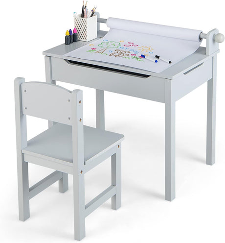 GYMAX Kids Desk and Chair Set, Wooden Children Art Table with Storage Space, Paper Roll and Markers, Lift-up Tabletop Design, Toddler Study Desk Set for 3 Years Old + Boys Girls (Grey).