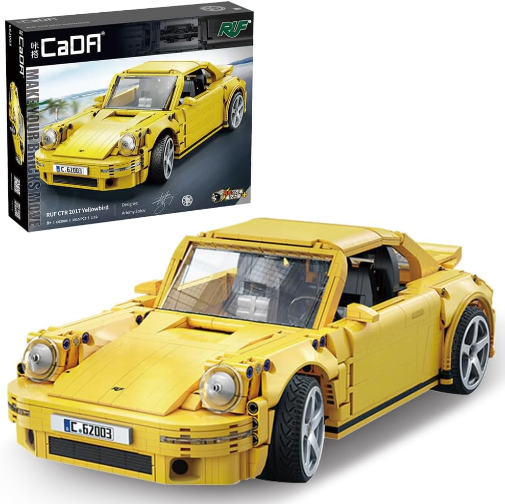 CaDA C62003W RUF CTR 2017 Yellow Bird Sports Car, 1: 12 Scale MOC Car Model Building Block Set, 1515 Pieces Technik Super Sports Car Building Blocks Kit, Boys and Adults Collect Gifts.