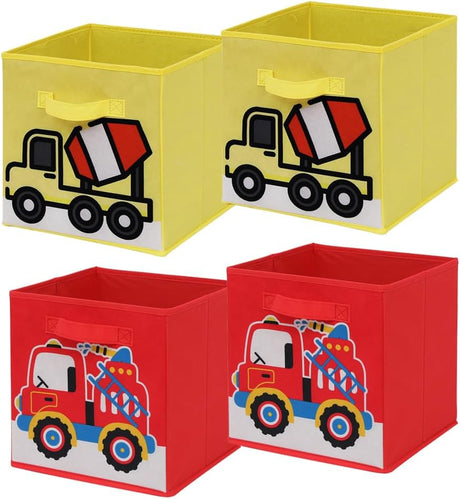 Rainbow Tree Cube Storage Box Kids Set of 4, Kids Playroom Bedroom Toy Box, Foldable Toy Storage Organiser, Baby Nursery Storage Bin, Toddler Toy Basket (4 Yellow Concrete Mixer Truck).