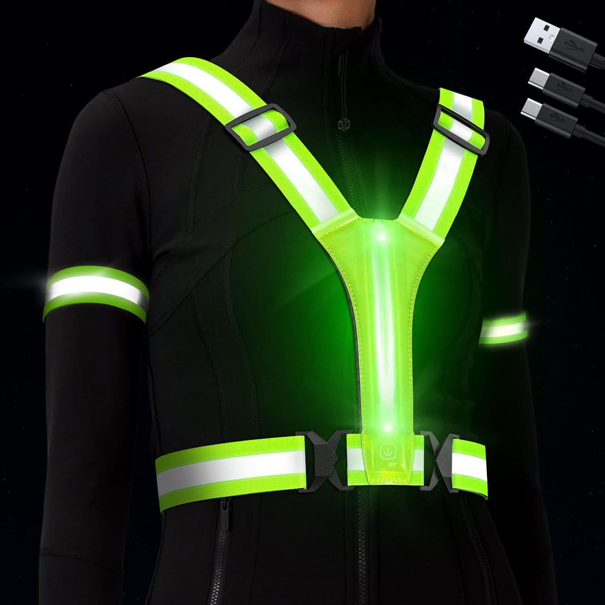 ocuvaep LED Reflective Vest Running Gear, USB Rechargeable Running Vest with Light, Adjustable LED Light Up Running Vest, High Visibility Running Vest with 2 Armbands for Walking Running Cycling.