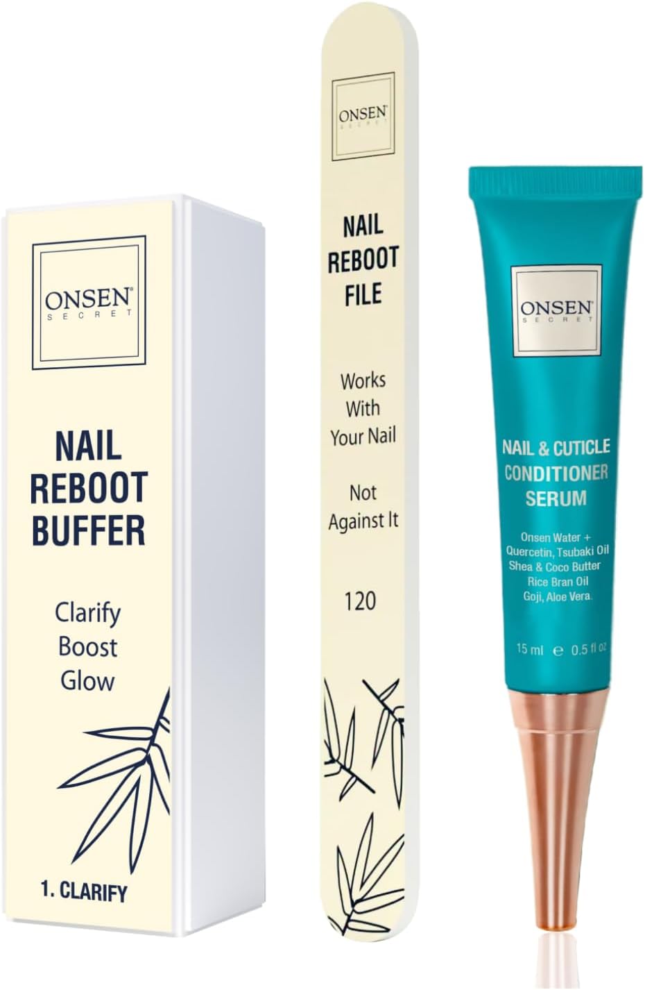 Onsen Secret Nail Care Kit - Japanese Nail Buffer and Shine Kit - Strengthening & Shining - Spa-Quality Manicure - Organic Ingredients - Long-Lasting Shine - Easy & Safe - w/Cuticle Care Serum - 1pk.