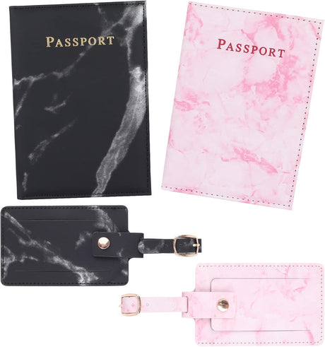 Boyigog 2pcs Luggage Tags and 2pcs Passport Covers,Suitcases Luggage Tag and Passport Holder,Marble PU Leather Cover & Labels Protective Cover for Family Travel Organiser (Black+Pink).