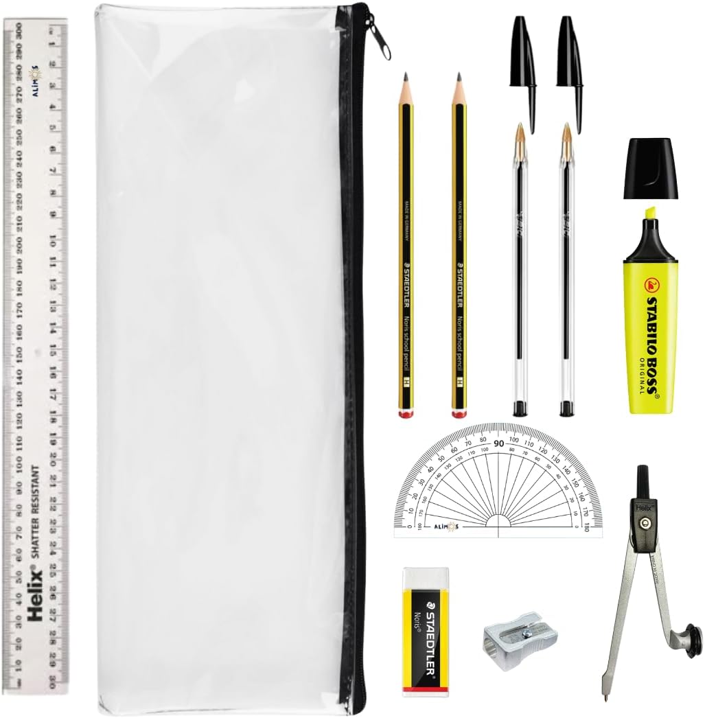 Alimos GCSE Complete Exam Stationery Bundle Set Bundled With Bic Pens, Geometry Set & Clear Exam Pencil Case Back To School Kit.