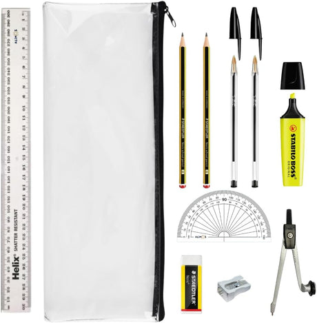 Alimos GCSE Complete Exam Stationery Bundle Set Bundled With Bic Pens, Geometry Set & Clear Exam Pencil Case Back To School Kit.