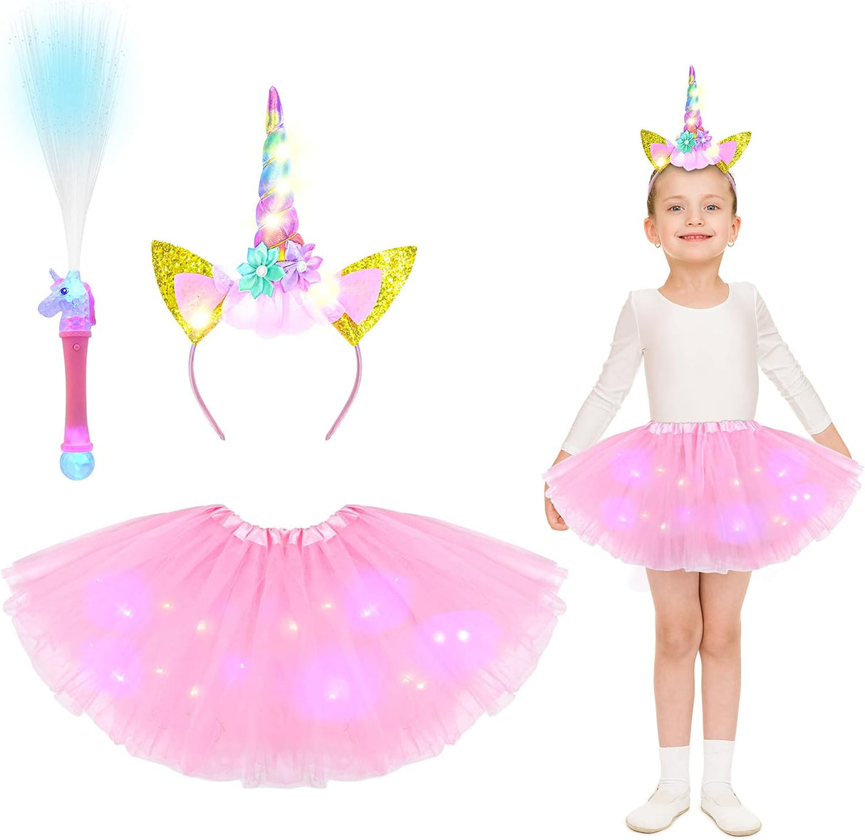 ACWOO Unicorn Costume, LED Light Up Unicorn Dress Princess Fancy Dress Up with Unicorn Headband and Fibre Optic Wand, Girl Fairy Tutu Skirt for Party Cosplay Princess Dress Up (2-10 Years) Pink.