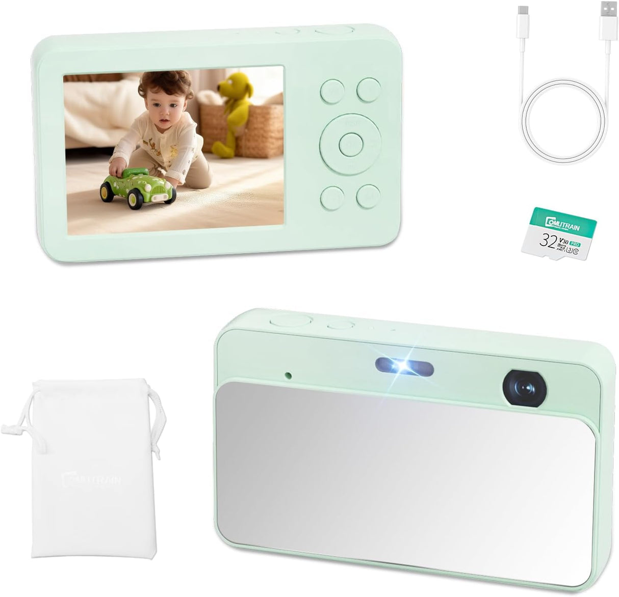 MUTRAIN Slide Open Digital Point and Shoot Android Camera with Mirror, 1080P Photography Practice, GREEN, X10, 32G.