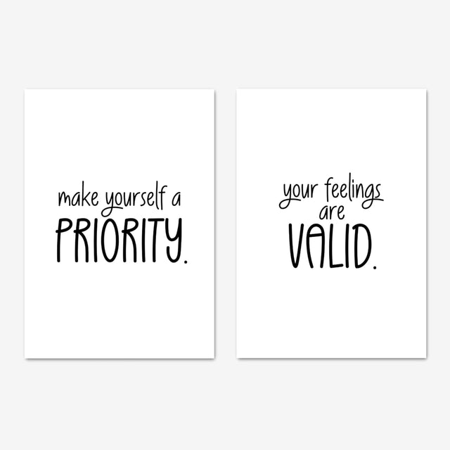 Set Of 2 Prints, Make Yourself A Priority, Your Feelings Are Valid, Positive Affirmations, Motivational Wall Art, Mental Health Quotes, Self Love, Self Care Poster Bundle - Unframed, Various Sizes.