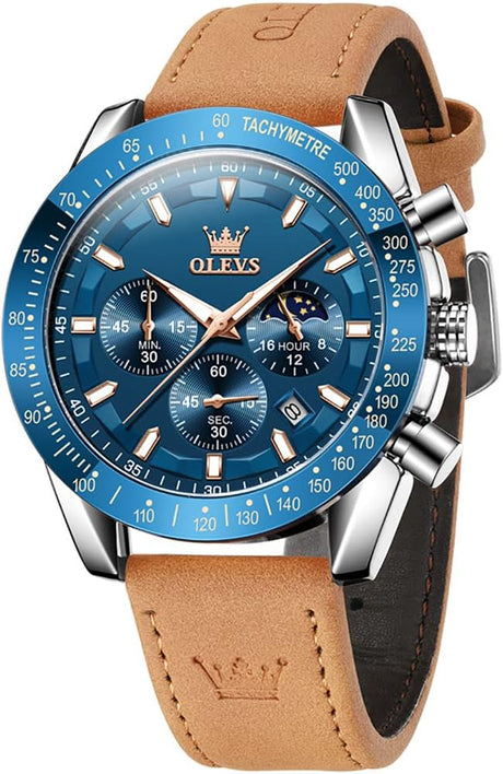 OLEVS Mens Watches Dress Brown Leather Strap UK Waterproof Sport Military Multifunction Chronograph Analog Quartz Wrist Watches Gent Luminous Fashion Calendar.