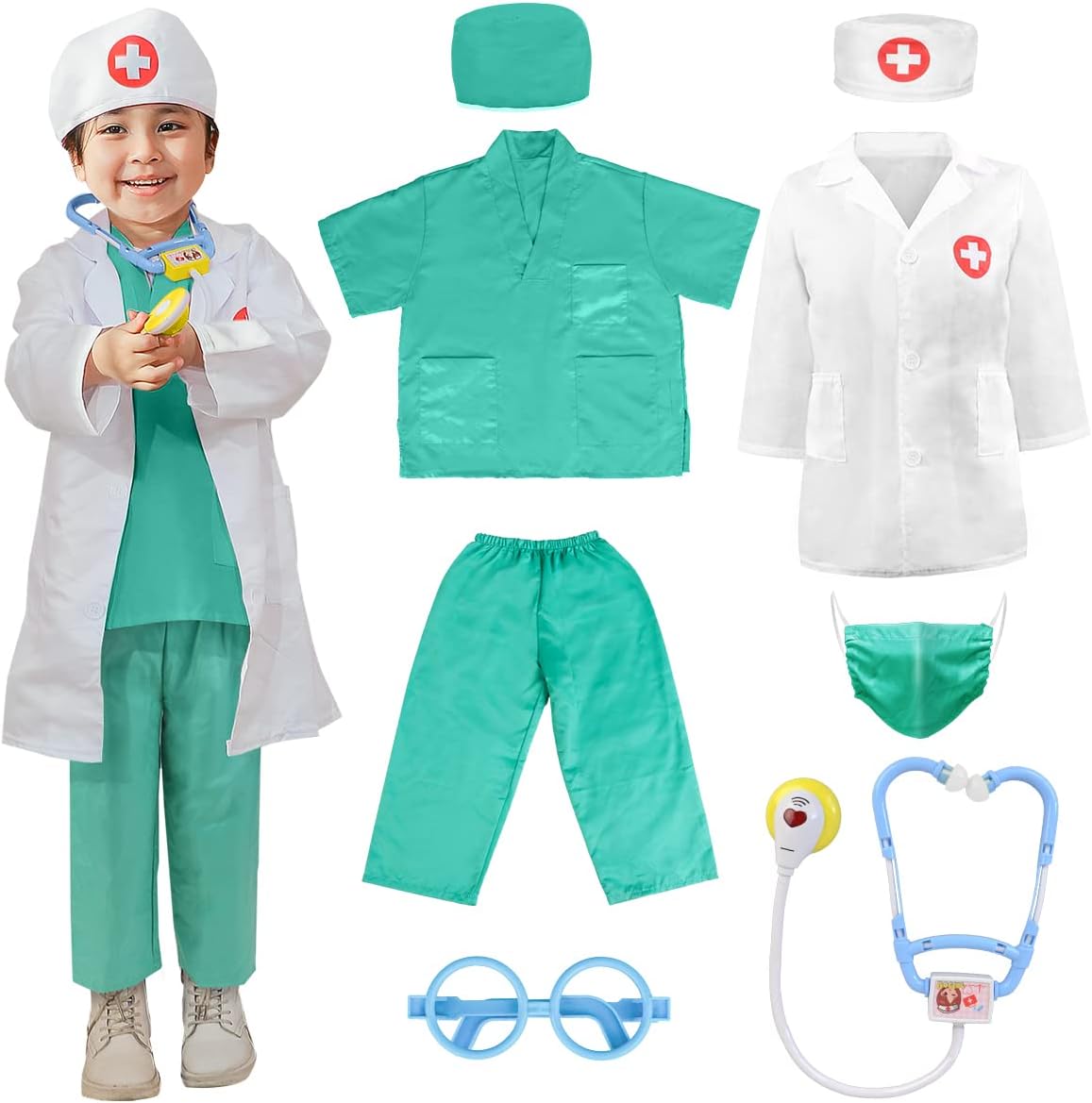 LOYO Kids Role Play Halloween Costumes, Doctors Outfit Set with Lab Coat, Scrubs Costume, Mask, Stethoscope for Children Doctor Costume.