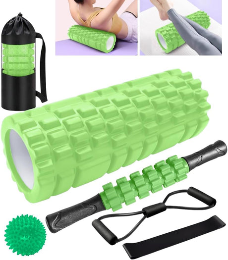 Foam Rollers,Qveetry 6 in 1 Foam Roller Set Deep Tissue Massage Roller with Muscle Roller Stick,Exercise Resistance Bands,Massage Ball, Density Foam Roller for Yoga Pilates.