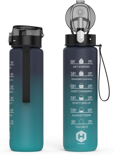 HOMEEX 1L (32oz) Motivational Water Bottle, BPA-free Sports Water Bottle with Time Marker - Quotes - One-Click Technology Ideal for Jogging, Hiking, Office, School, Adults, Children (Black & Blue).