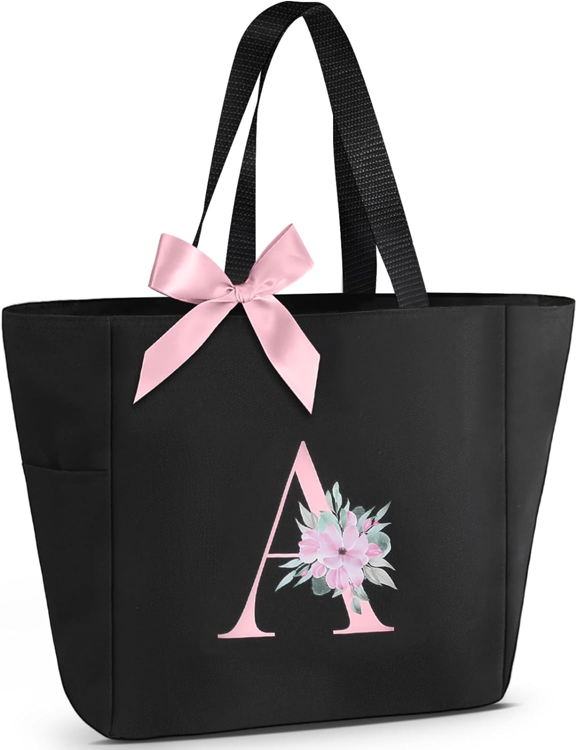 Vavabox A-Z Initial Personalized Tote Bag,Waterproof Gifts for Women, Bridesmaids,Mom,Teachers,Friends (A, Black).