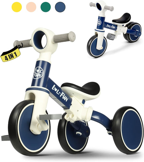 LOL-FUN Toddler Balance Bike for 1 2 Years Old, 4 in 1 Baby Bicycle for 1 to 4 Years Old Boys Girls Present, 3 Wheel Tricycle with Removable Pedal.