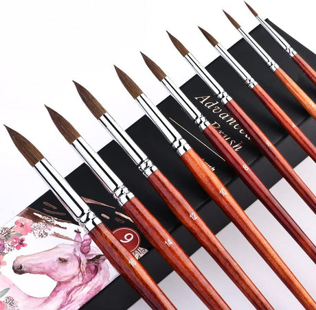 Kolinsky Watercolor Brush Set 9 Pcs Round Pointed Professional Paint Brush Artist Acrylic Brush for Watercolor Gouache Acrylic.