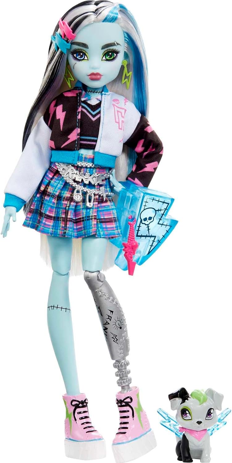 Monster High Frankie Stein Doll, Fashion Frankenstein Doll with Black and White Hair, Toy Dog Watzie and Doll Accessories, Toys for Ages 4 and Up, One Doll, HHK53.