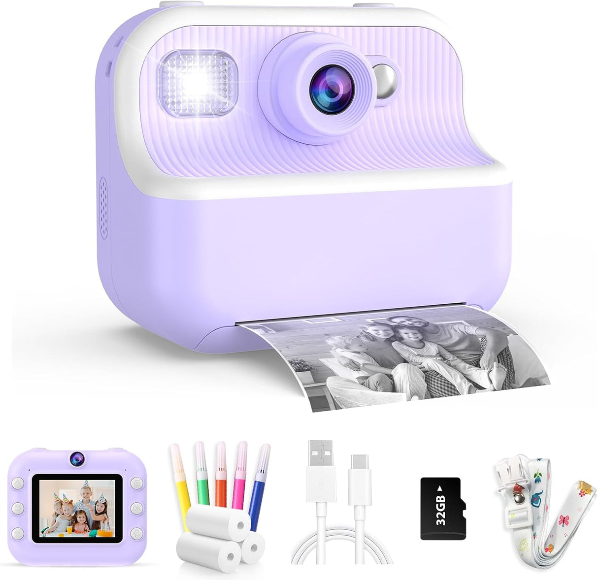 Kids Camera Instant Print, Toys for 3-12 Year Old Girls Christmas Birthday Gifts, 48MP Kids Selfie Digital Camera, 1080P HD Children Video Recorder, 2.4" Toddler Camera with Print Paper & 32GB SD Card.