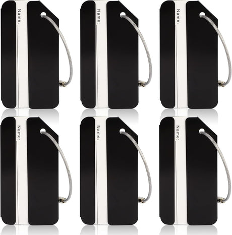 6 Pack Metal Luggage Tags for Suitcases, Waterproof Suitcase Tags for Travel Luggage Bag, Luggage Labels with Name ID Card for Family, Friends (Black).