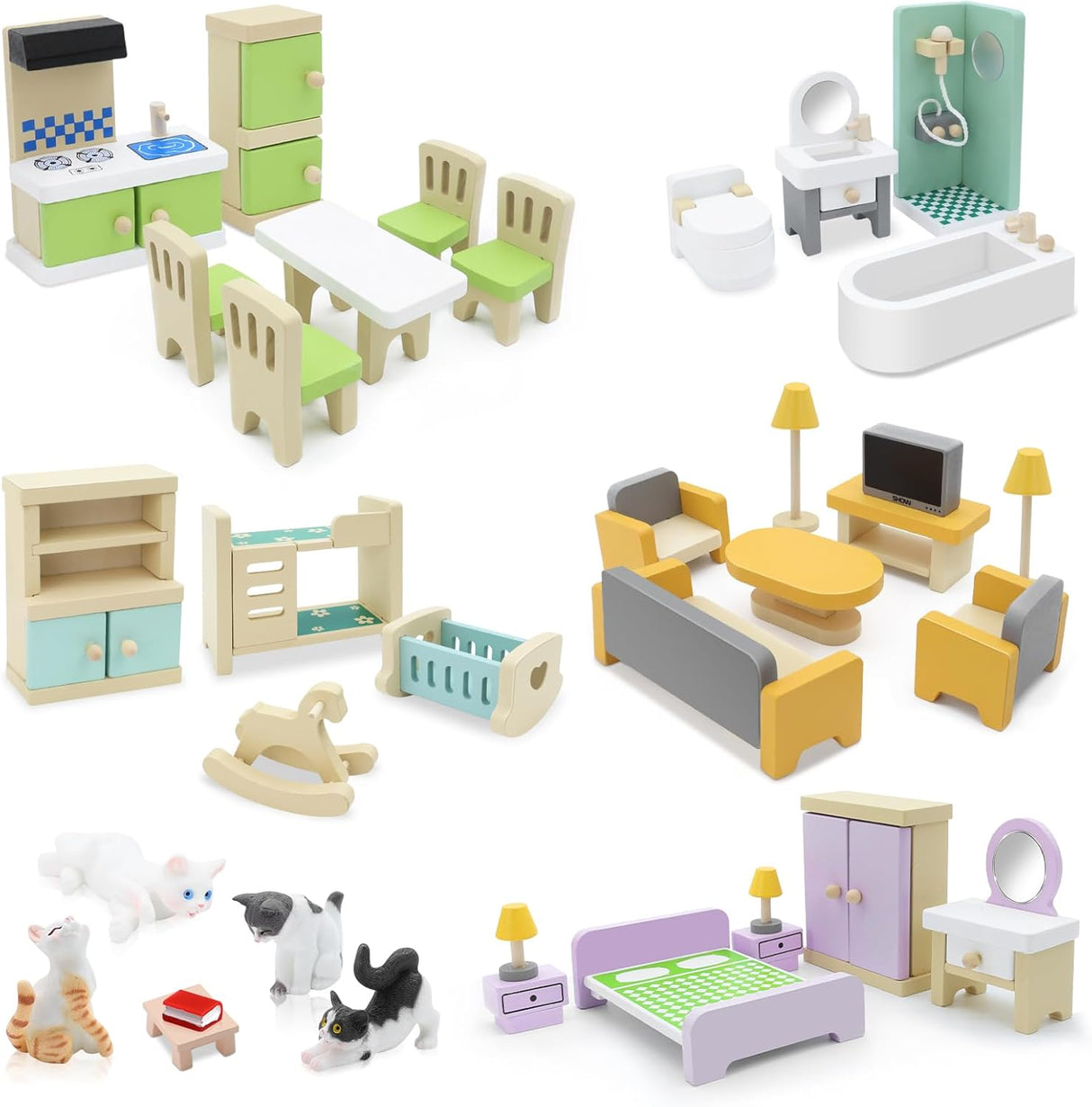 25PCS Dolls House Furniture Set Wooden Doll House Accessories with Mini Cat Figures Pretend Play Dollhouse Little Toys Realistic Kitten Figurines for Girls Boys Children Toddlers 3+.