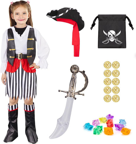 MELAND Pirate Costume Kids, Pirates Dress Up with Boots for Girls Age 3-10, Fancy Dress for Kids Role Play Halloween Costumes.