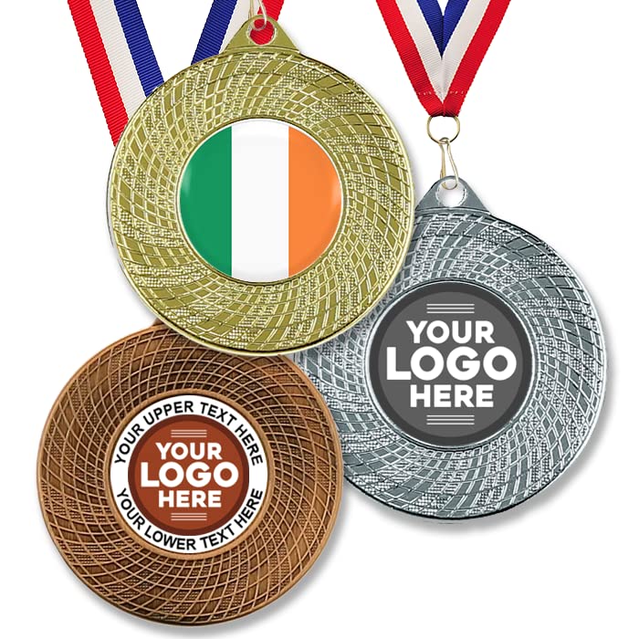 Trophy Monster Pack of 10x Metal 50mm ROI Ireland Flag Vortex Medals & Ribbons Standard emblem or your logo FREE | Personalised | Bulk Pack Quantity Deals 50,100,250 or 500 | Gold, silver or bronze.