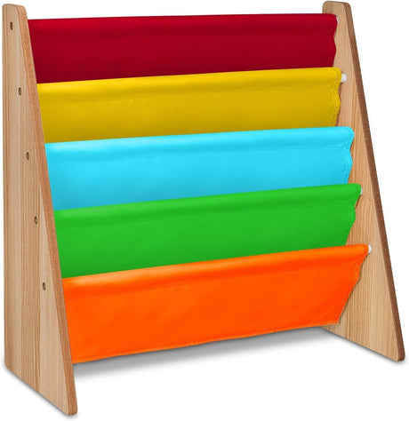 LIVIVO Children's Colourful Sling Storage Bookshelf – Easy Access Wooden Book Storage Rack with Soft Nylon Fabric Shelves Shelf to Protect your Kids Books (Multi-Colour).