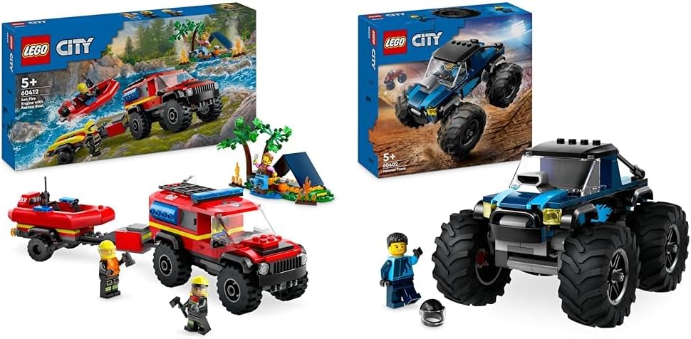 LEGO City 4x4 Fire Engine with Rescue Boat Building Toys for 5 Plus Year Old Boys & Girls, Imaginative Play Set Includes a Dinghy, Trailer, Tent, Camper and 2 Firefighter Minifigures, Gift Idea 60412.