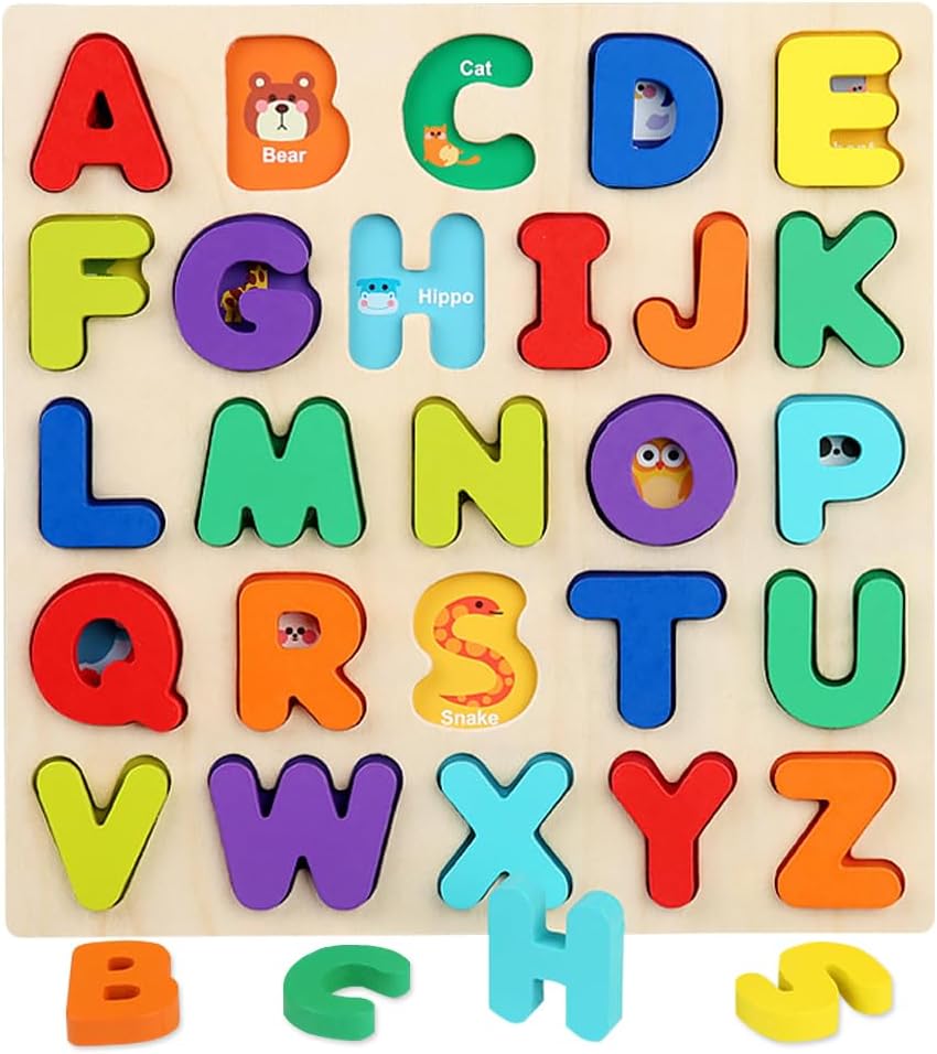 Wooden Jigsaw Puzzles for 2 3 4 Year Old Kids Numbers & ABC Alphabet Learning Toys - Early Education Toys-Wooden Puzzles Montessori Toys for Girls Boys Gifts. (capital letters).