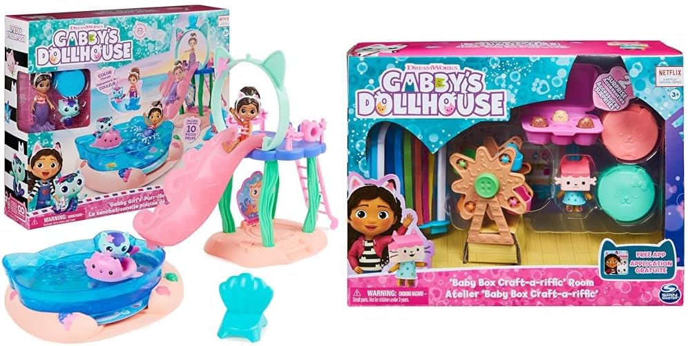 Gabby’s Dollhouse, Purr-ific Pool Playset with Gabby and MerCat Figures, Colour-Changing Mermaid Tails and Pool Accessories Kids’ Toys for Ages 3 and Up, Blue.