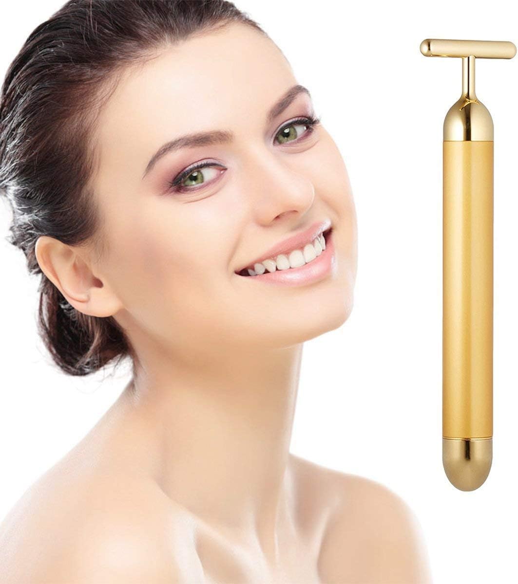 Beauty Bar 24k Golden Pulse Facial Massager, T-Shape Electric Sign Face Massage Tools for Sensitive Skin Face Pull Tight Firming Lift.