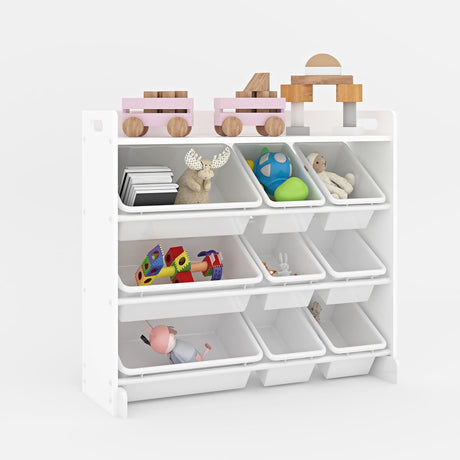 Soumas - Toy Storage Unit - Kids Toys Organiser with Multiple Removable Plastic Bins for Livingroom/Bedroom/Playroom (White Wood with White Bins).