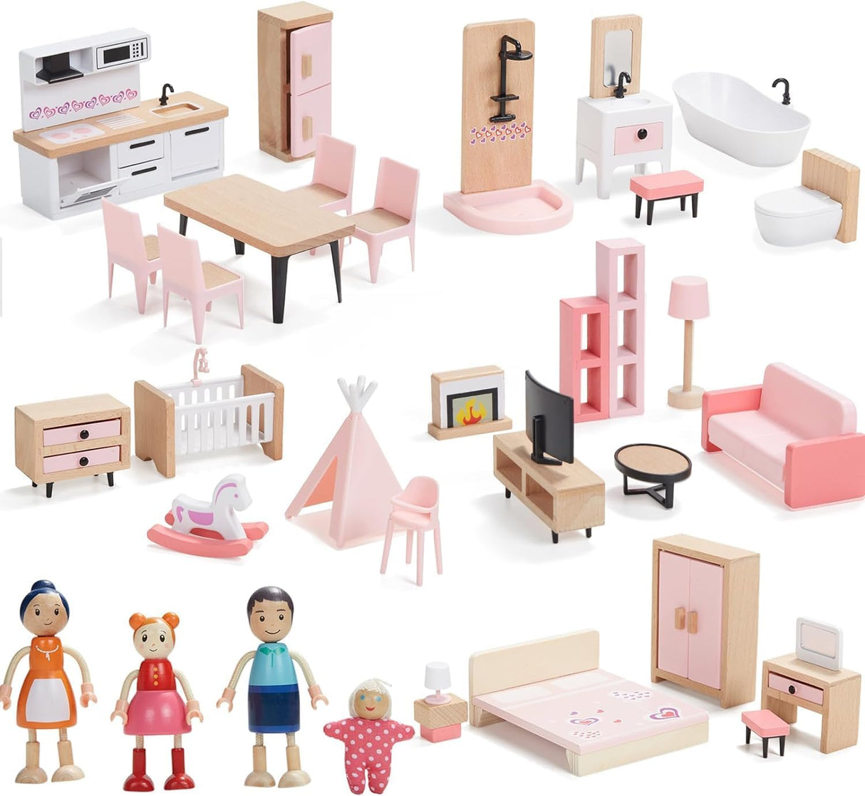 Giant bean Wooden Dollhouse Furniture Set, 36pcs Furnitures with 4 Family Dolls, Dollhouse Accessories Pretend Play Furniture Toys for Boys Girls & Toddlers 3Y+, Pink.