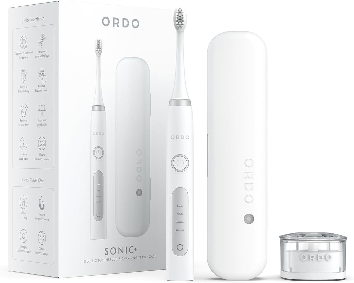 Ordo Sonic+ & Charging Travel Case Bundle - Electric Toothbrush Advanced Smart Tech with 4 Brushing Modes Fast Rechargeable Battery & Silicone-Polishing Element USB Charger for Adults - Pearl Violet.