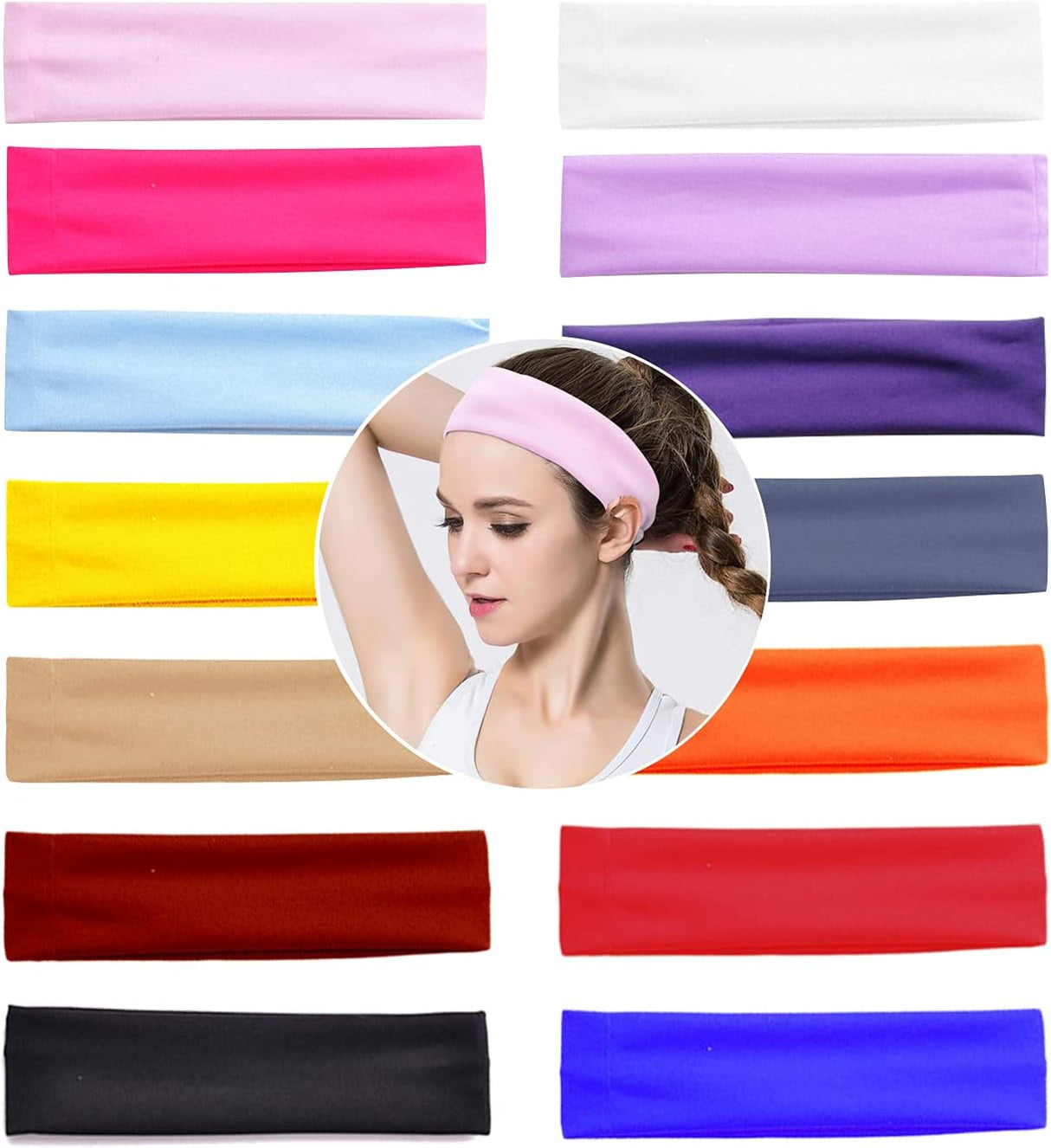 VEGCOO 14 PCS Yoga Cotton Headbands Elastic Stretch Sweatband Hairband Mixed Colors Ballet Head Band for Women/Girls Sports/Pilates/Fitness.