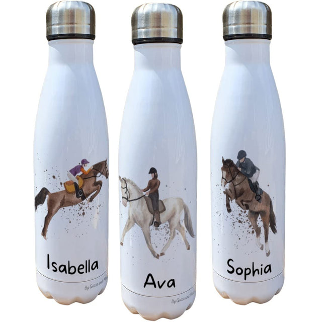 Show Jumping Horse Insulated Bottle Personalised - Gift for Horse Owners & Lover - Personalised Horse Riding Thermal Flask - Stainless Steel Water Bottle (Sophia).