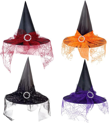 Halloween Witch Hat, 4PCS Halloween Witches Caps with Veil Halloween Pointy Witch Hat Wide Brim Witches Hat Halloween Holiday Costume Accessories for Masquerade Decor Carnival Halloween Dress Up.