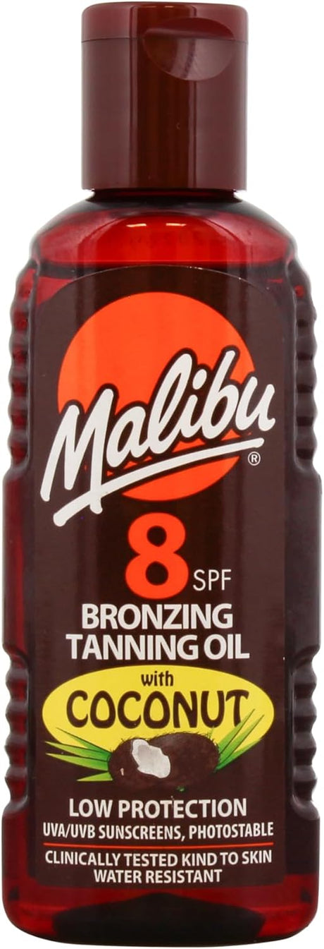 Malibu Sun SPF 8 Bronzing Tanning Oil, Water Resistant, Tropical Coconut Fragrance, 100ml.