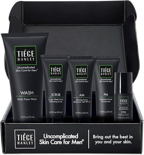 Tiege Hanley Mens Skin Care Set, Revitalization Skin Care Routine for Men (System Level 4) - Men's Skincare Set for Fine Lines Includes Face Wash, Scrub, Moisturizer, Eye Cream, Face Serum, Clay Mask.