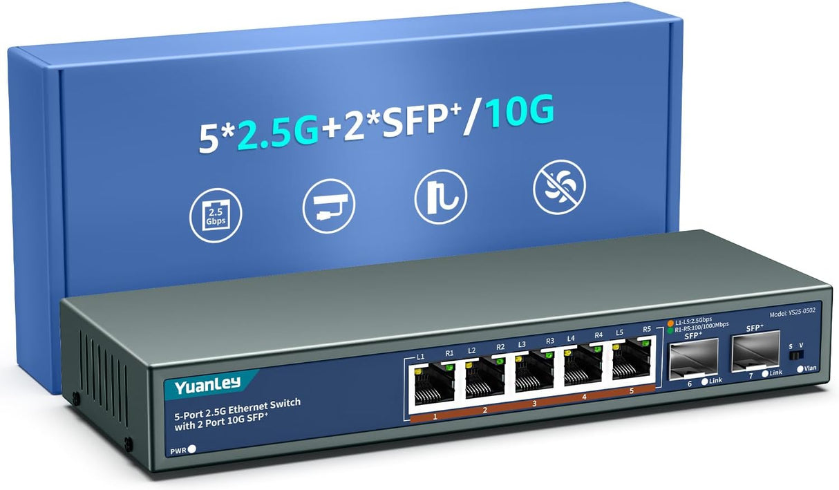 6 Port 2.5G Umanaged Ethernet Switch, 5 x 2.5G Base-T Ports, 1 x 10G SFP, Compatible with 100/1000/2500Mbps, Metal Fanless, Desktop/Wall Mount YuanLey 2.5Gbe Network Switch for Wireless AP, NAS, PC