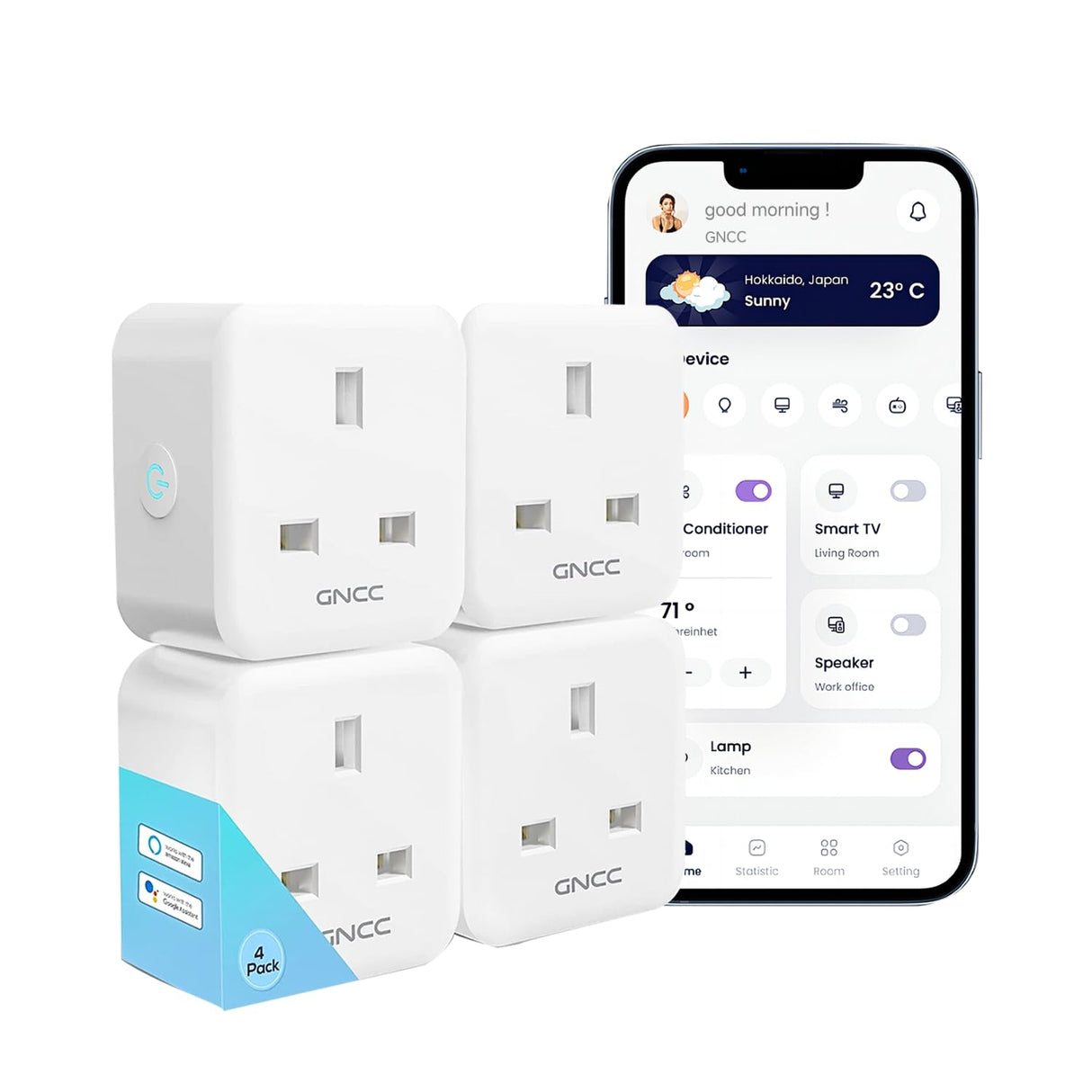 Smart Plug Remote Voice Control GNCC,Smart Socket with Wireless Works with Alexa and Google Home, Compatible with Smart Life APP Timer Plug Without Energy Monitoring, 2.4Ghz Only, 13A 3120W, 4 Pack.