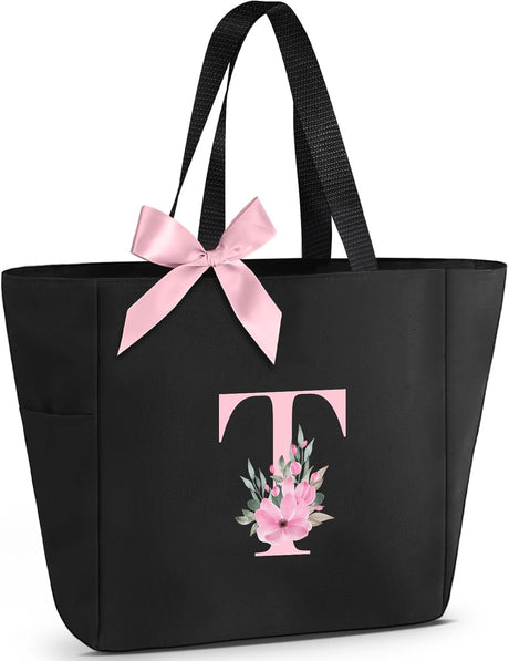 Vavabox A-Z Initial Personalized Tote Bag,Waterproof Gifts for Women, Bridesmaids,Mom,Teachers,Friends (A, Black).