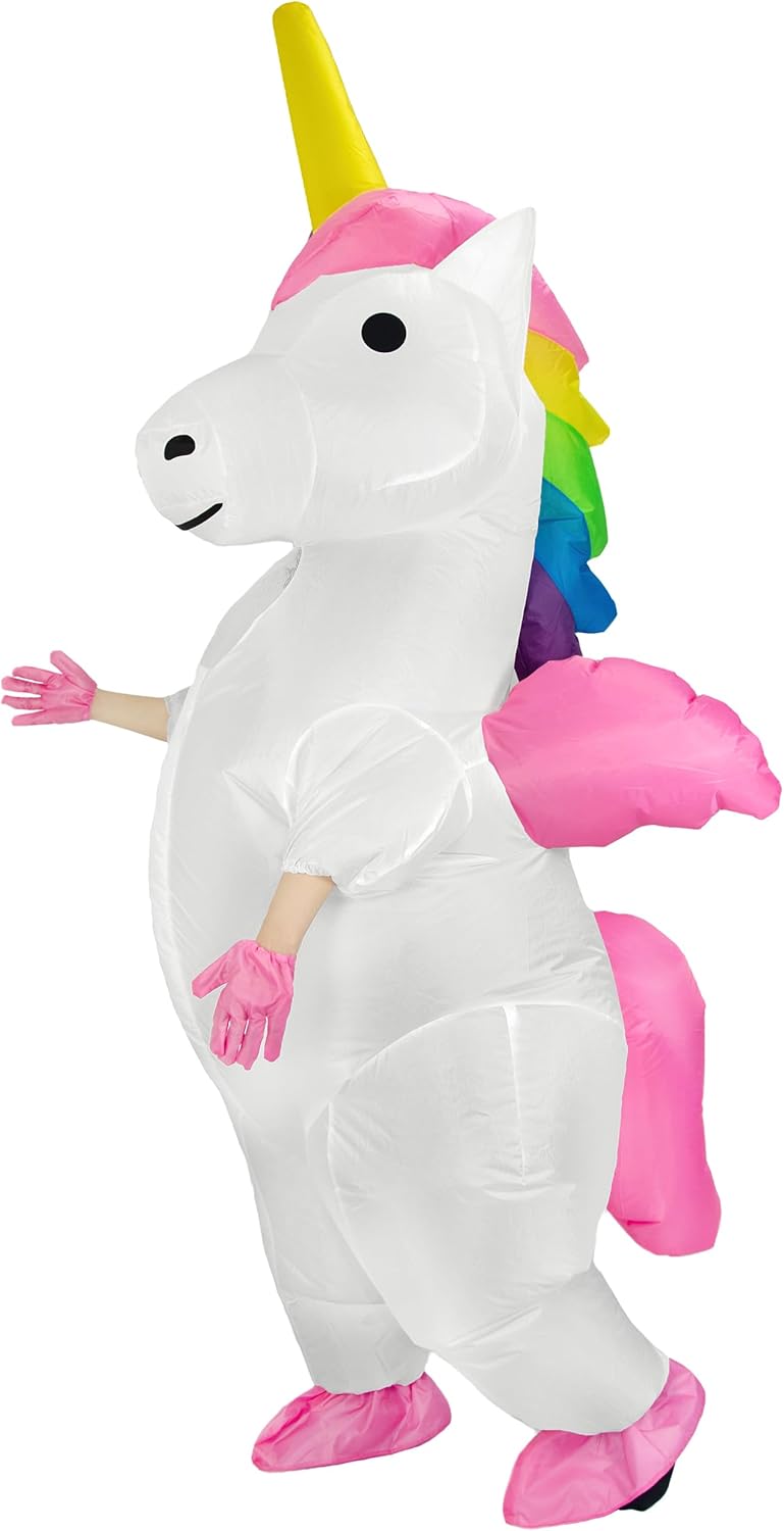 JYZCOS Winged Rainbow Blow Up Unicorn Costume Adult Size for Halloween Inflatable Suit.