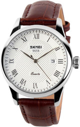 SKMEI Business Mens Quartz Wristwatches Roman Numeral Leather Band Casual Water Resist Analog Watches.